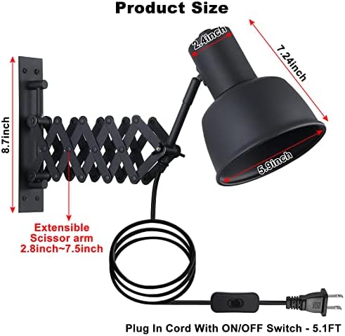 COSYLUX Industrial Plug-in Swing Arm Wall Sconce, Black