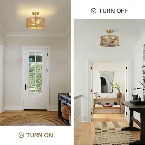 Boho Rattan Ceiling Light, 12.6" Woven Drum Flush Mount