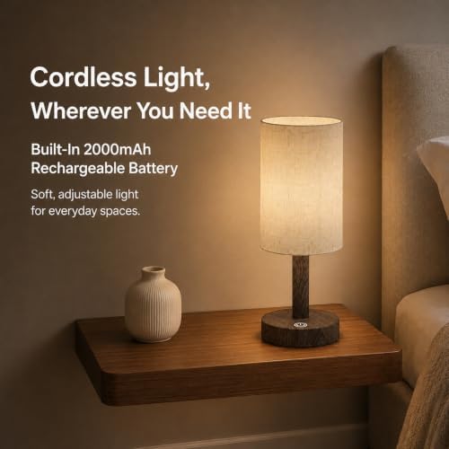 Small Rechargeable Cordless Table Lamp, Dark Walnut