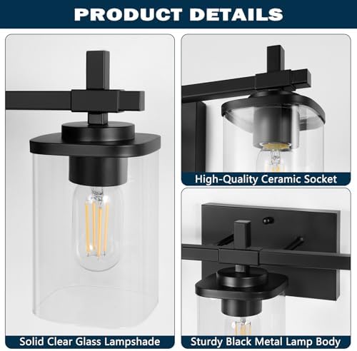 3-Light Black Bathroom Vanity Light with Clear Glass Shade