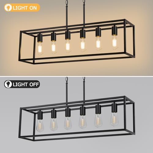 6-Light Black Linear Chandelier, Adjustable Height