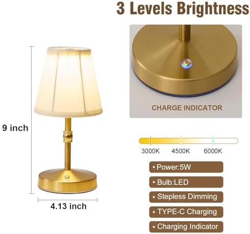 Gold Cordless Rechargeable Table Lamp, 3000mAh