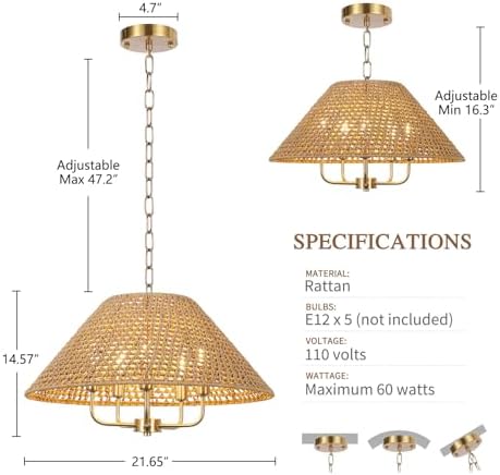 LamQee 22 Inch 5-Light Rattan Chandelier