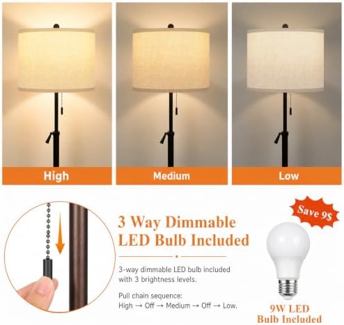 61-69" Adjustable Floor Lamp, 3-Way Bulb, Pull Chain