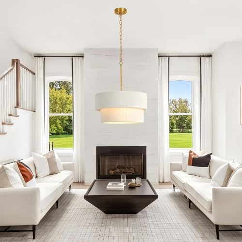Large Coastal White Linen Drum Light Fixture