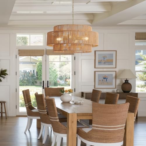 Large Farmhouse Rattan Chandelier, 22.8in Boho Pendant Light