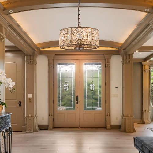 Bronze Vintage Crystal Chandelier, 14.17" Drum Pendant Light