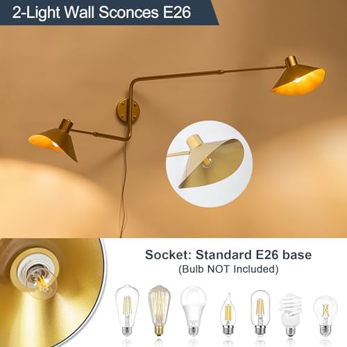 Gold 2-Light Plug-In Swing Arm Wall Sconce