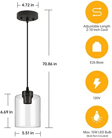 BoostArea Modern Pendant Light, Black, Clear Glass Shade