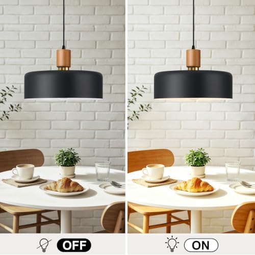 15.8" Black Pendant Light, Walnut Oak Wood and Brass