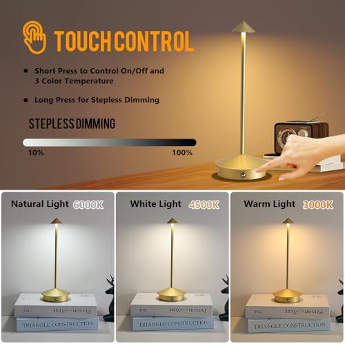 Cordless Rechargeable Table Lamps, Set of 2, Gold