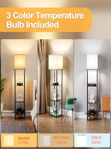 Floor Lamp with Shelves, 3 CCT LED Bulb, White Linen Shade