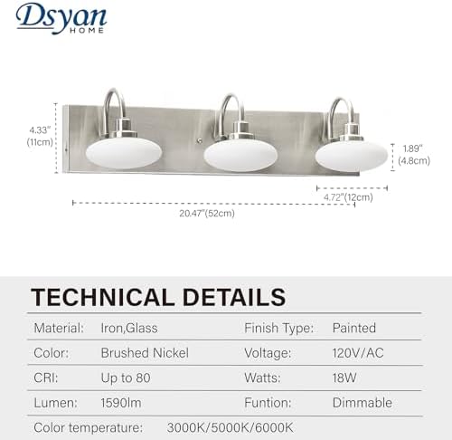 Dimmable 3-Light LED Bathroom Vanity Light, Brushed Nickel