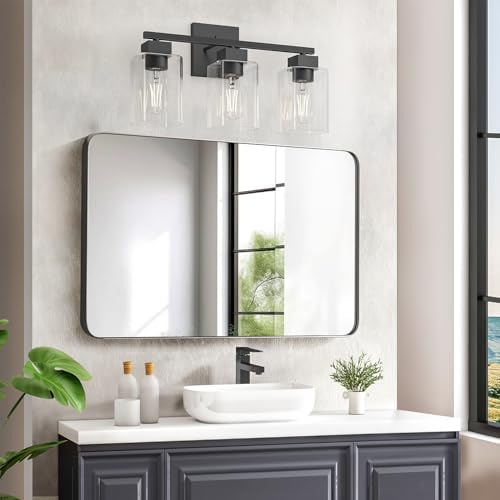 3-Light Matte Black Bathroom Vanity Light with Clear Glass Shades