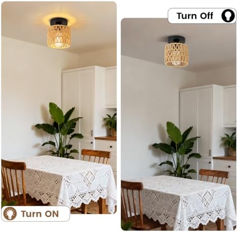 Farmhouse Semi Flush Mount Ceiling Light, 1-Pack, Boho Rattan