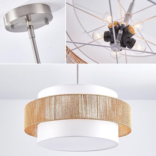 24'' Rattan Large Drum Chandeliers,5 Light Boho Pendant Light