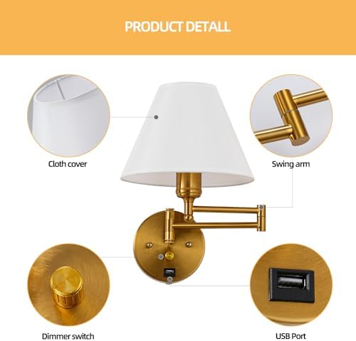 Swing Arm Plug-in Wall Sconce with White Fabric Shade, USB Port