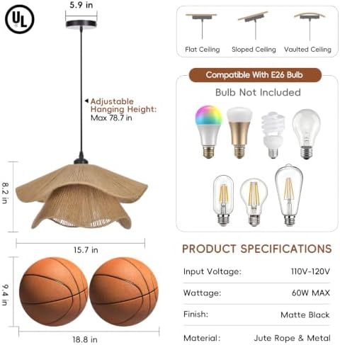 Littleglovo 15.7" Boho Jute Rope Hanging Light