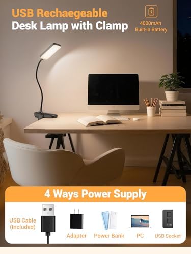 Clip on Light,9 Brightness+5 Color Rechargeable Lamp,48 LED Small Desk