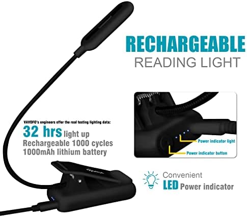 VAVOFO Rechargeable Clip-on Reading Light, 7 LEDs, Black
