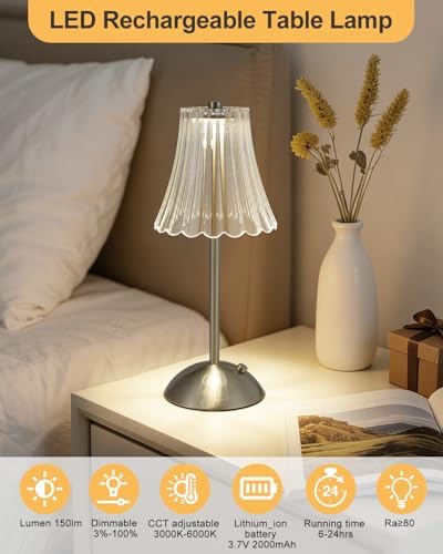 Satin Nickel Rechargeable Cordless Touch Table Lamp, 3 Colors