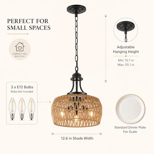 12.6-Inch 3-Light Rattan Chandelier