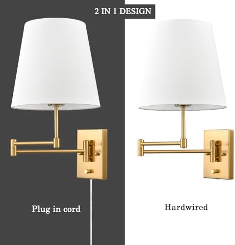 HYDELITE Gold Swing Arm Wall Lamp, Linen Shade