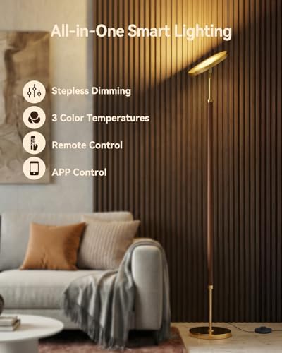JOOFO Wood LED Torchiere Floor Lamp, 3000LM