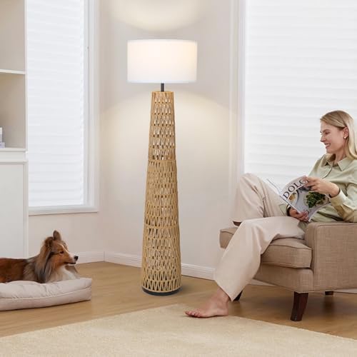 Large Boho Rattan Floor Lamp with Linen Shade