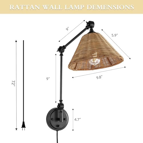 WINGBO Rattan Swing Arm Wall Sconce, Black, 2 Pack