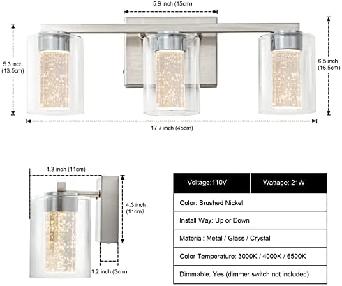 SineRise 3-Light Brushed Nickel LED Bathroom Vanity Light