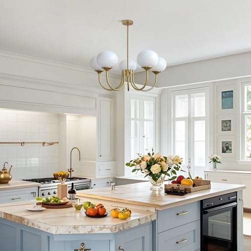5-Light White Globe Chandelier, Gold Sputnik