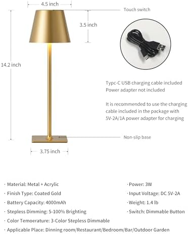KDG Cordless Table Lamps Set of 2, 4000mAh