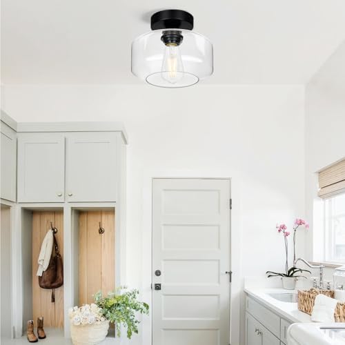 Lynnoland Black Semi Flush Mount Ceiling Light, Clear Glass Shade