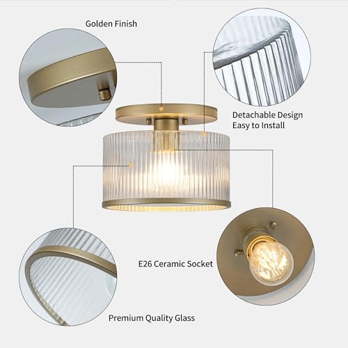 Zlepmlla Ribbed Glass Semi Flush Mount Ceiling Light, Gold