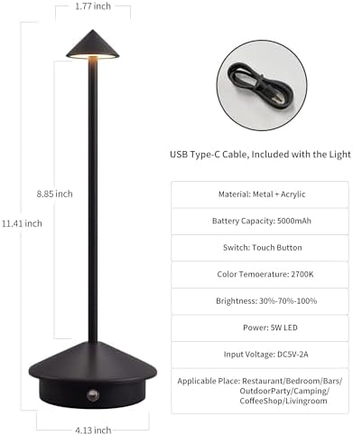 Modern Cordless Table Lamp Set of 2, Black
