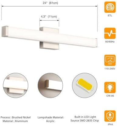 24" LED Bathroom Vanity Light14W Brushed Nickel 4000K Square