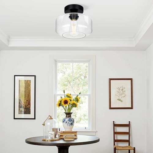 Lynnoland Black Semi Flush Mount Ceiling Light, Clear Glass Shade