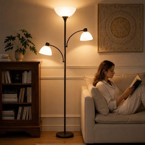 3-Head Torchiere Floor Lamp with 2 Reading Lamps, Brown
