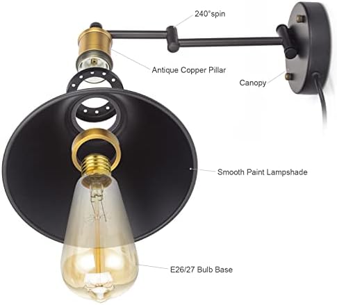 Plug-in Industrial Swing Arm Wall Sconce, Bronze and Black