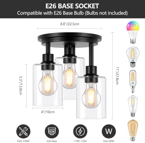 ROTTOGOON 3-Light Semi Flush Mount Ceiling Light, Black