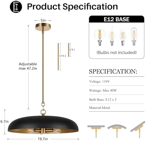 LamQee 20 Inch Black and Gold Pendant Light