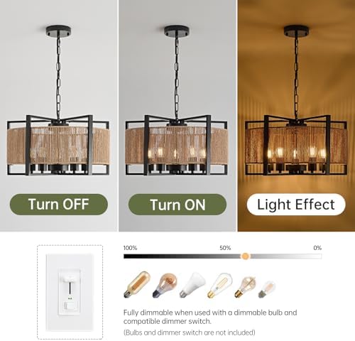 19.7" Black Rattan Chandelier, Modern Dining Light Fixture