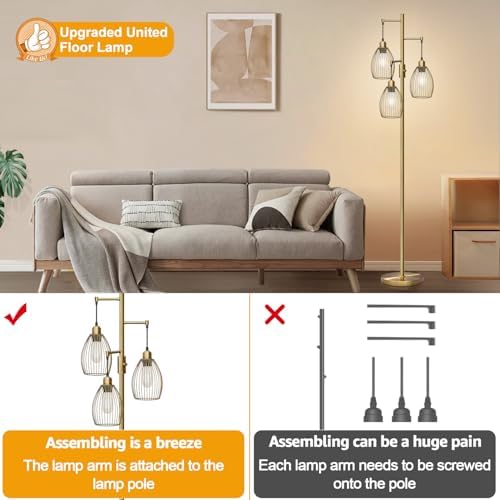 Dimmable Floor Lamp, 3 x 800LM LED Bulbs, Brass
