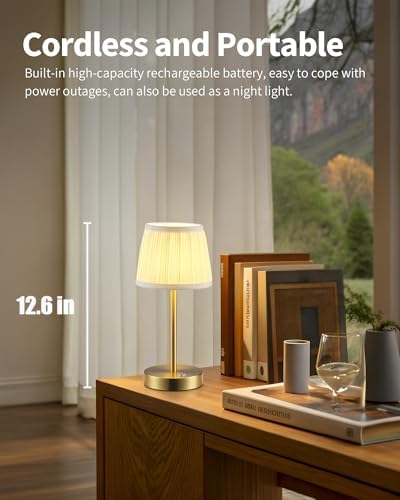 PUSU 2 Pack Gold Cordless Fabric Table Lamps