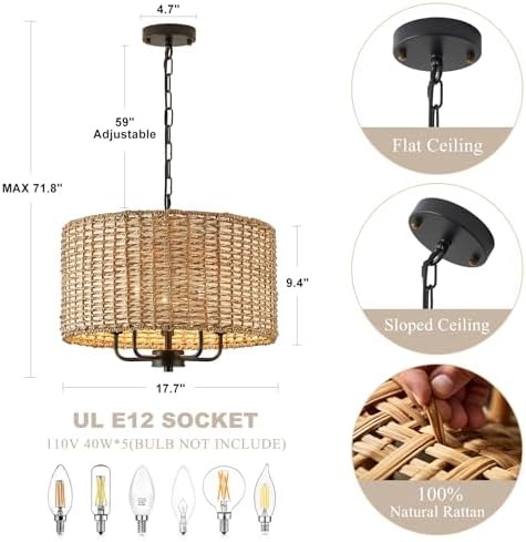 5-Light Boho Rattan Chandelier with Drum Shade