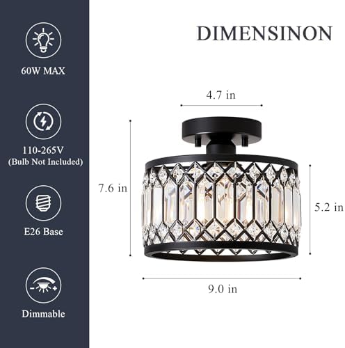 Pevfah 1-Light Crystal Black Semi Flush Ceiling Light, 9 in