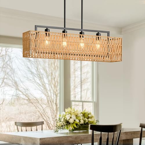 32" Rattan Chandelier, Rectangle Linear Light