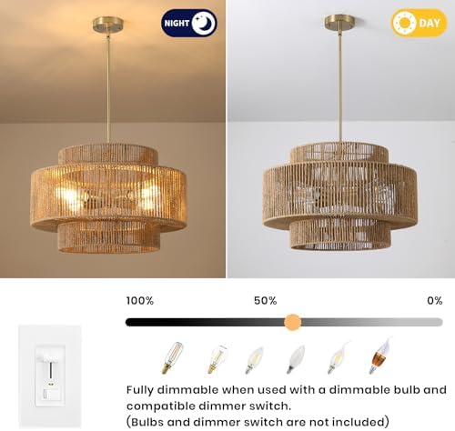 17.7" Boho Rattan Chandelier, 4-Light