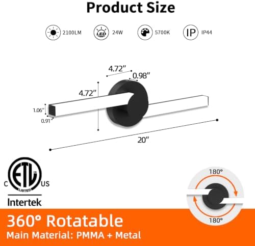 20 Inch Black LED Bathroom Vanity Light